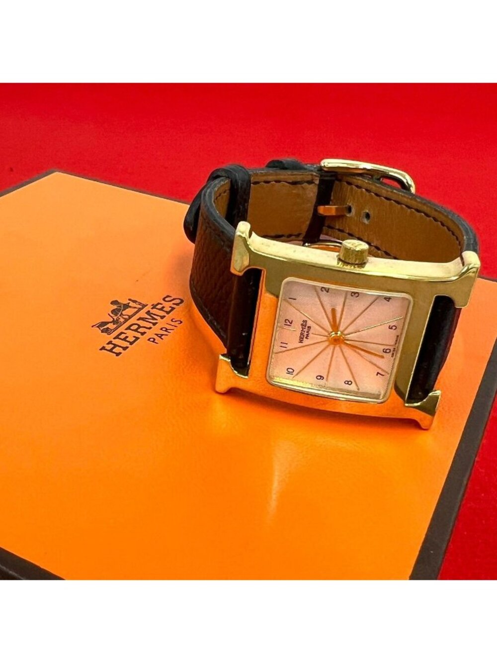 Hermes Vintage H Watch Veau Epsom Black Gold
